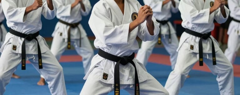 A group of Brazilian youth in white kimonos practicing martial arts on a blue mat, energetic and disciplined environment, dynamic action shot with cinematic lighting.