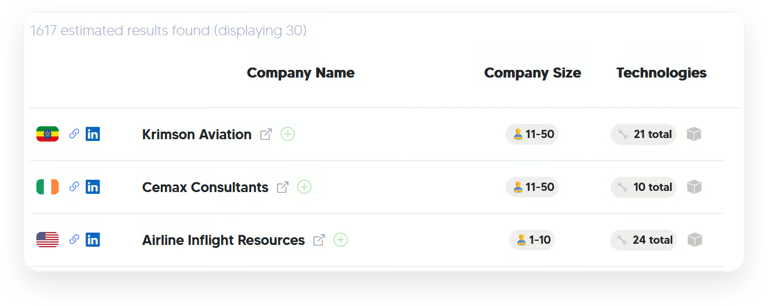 StackRadar interface showing search results for companies with name, LinkedIn link, company size, an
