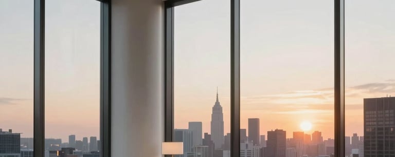A photorealistic architectural render of a luxury penthouse interior in New York. Floor-to-ceiling windows reveal a sunset. Minimalist furniture in cloud white and slate tones. Cinematic soft lighting.