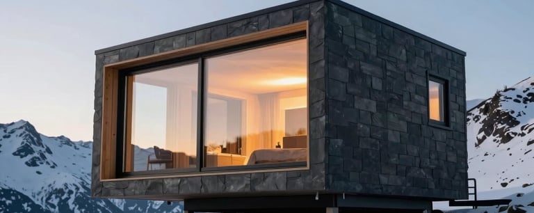Cinematic photography of a modern modular cabin perched on a snowy mountain ridge. Architectural concept with sharp angles and warm interior light. North American / US landscape. Slate dark exterior walls.
