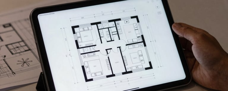 Architectural floor plan shown on a tablet screen in a darkened room. Soft cloud white light illuminating the workspace. North American design professional context.