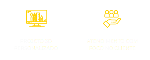 Ícones representando os benefícios da Wood Decor: Projeto 3D personalizado e atendimento dedicado com foco no cliente.