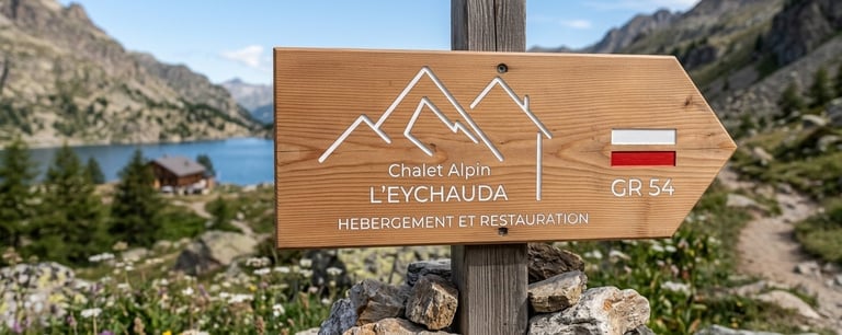 Enseigne en bois gravée sur chemin pour le Chalet Alpin l'Eychauda à Pelvoux