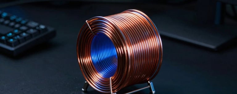 Macro shot of a bifilar-wrapped copper coil with electric blue backlighting, sitting on a dark matte desk, next to a multi-monitor setup, high contrast, industrial tech photography.