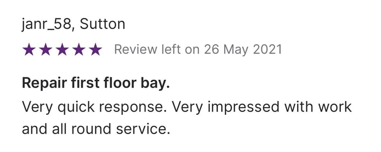 Five-star customer review for a first floor bay window repair service with a quick response time.