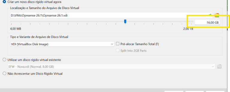 Configurando a alocação de Disco Virtual de 16GB para a máquina virtual do OPNsense