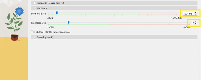 Configurando a alocação de 1 GB de memória RAM e 2 núcleos de CPU para a máquina virtual do OPNsense