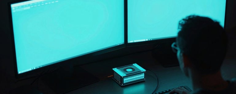 Overhead view of a dark, minimalist workstation with a glowing cyan monitor, a TensorCoil hardware node positioned precisely between the screen and the operator's chair, sharp low-key neon lighting.