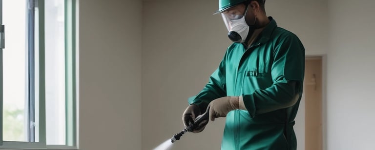 Dedetizador da Venerra Facilities com máscara e luvas aplicando inseticida em rodapé em São Paulo