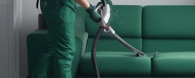 Técnico da Venerra Facilities limpando estofado com extratora em ambiente corporativo em São Paulo