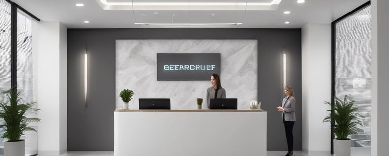 Friendly receptionist welcoming guests at a business front desk