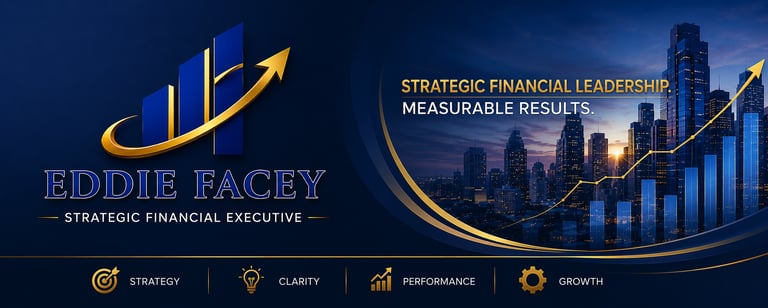 Eddie Facey strategic financial executive banner featuring a city skyline, growth charts, and leadership icons.