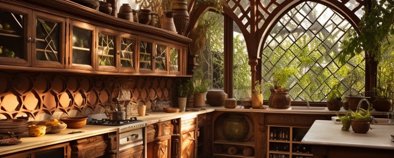 a kitchen with a brick wall and a brick wall