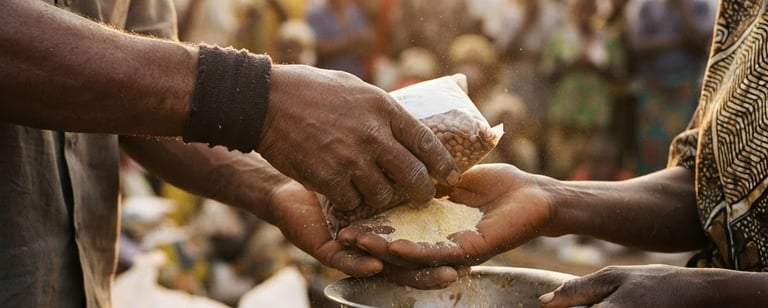 Close-up of hands distributing food supplies in a village in the Democratic Republic of Congo, warm natural golden-hour sunlight, authentic documentary style, 35mm