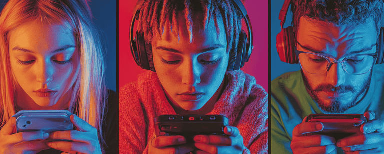 a man and woman are looking at their phones