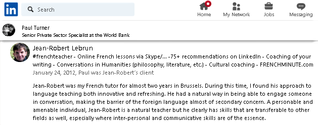 Example 6 of LinkedIn recommendations written for French teacher Jean-Robert Lebrun