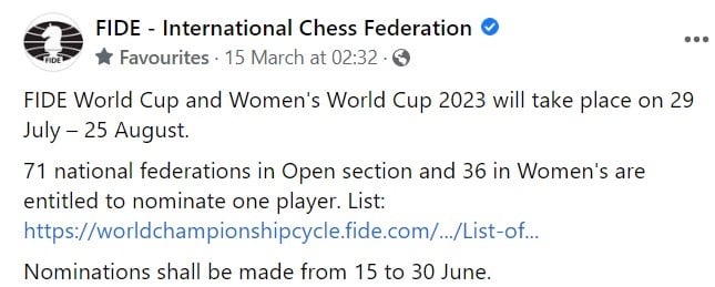 FIDE World Cup and Women's World Cup 2023. FIDE Chess