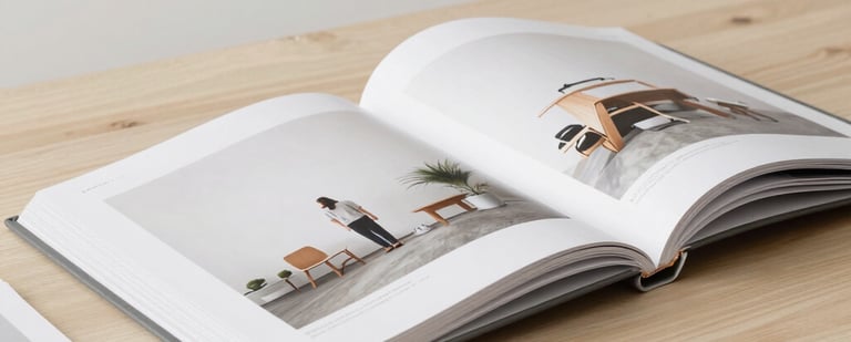 High-quality photography prints and an open portfolio book on a clean wooden table in a Central European / German creative studio, soft off-white lighting, minimal aesthetic.