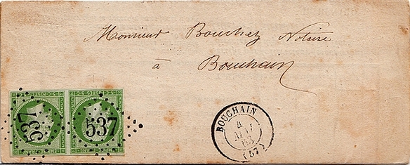 Letter up to 10 g franked at 10 c from and to BOUCHAIN (rates of 01/01/1863).