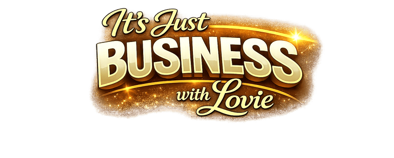 Golden 3D logo for It's Just Business with Lovie podcast featuring sparkling dust on a black background.
