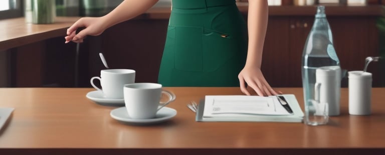 Copeira da Venerra organizando mesa de café e água em sala de reunião empresarial em São Paulo