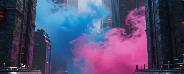 Detailed photography of a futuristic city environment in a game engine. Volumetric blue and magenta fog drifts between slate dark buildings. North American / US sci-fi aesthetic. 8k resolution, cinematic lighting.