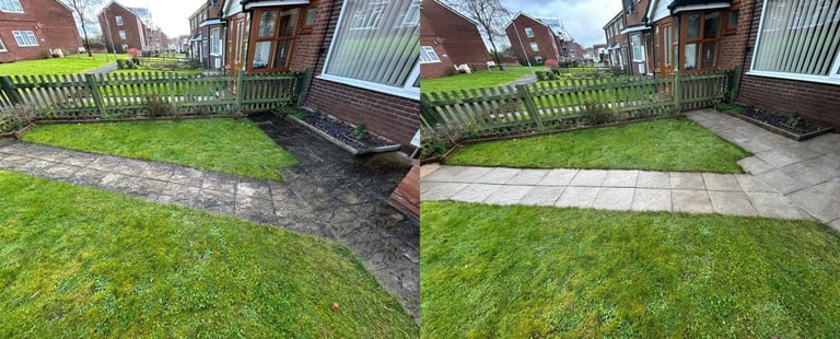 before and after picture of garden path thats been pressure washed