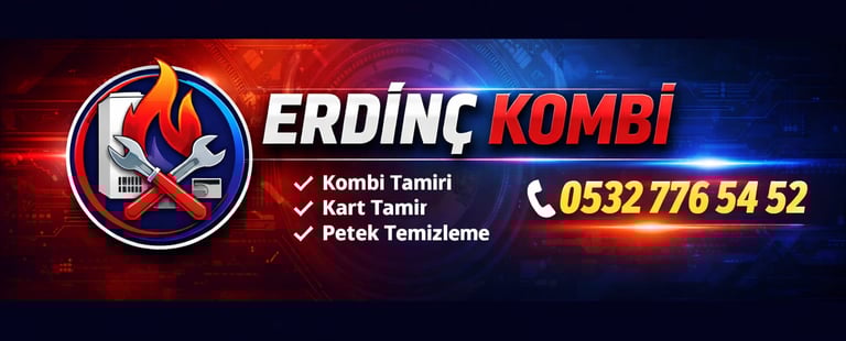 Erdinç Kombi banner for boiler repair, circuit board fixing, and radiator cleaning services.