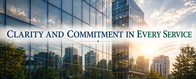 Modern office building with the motto "Clarity and Commitment in Every Service."