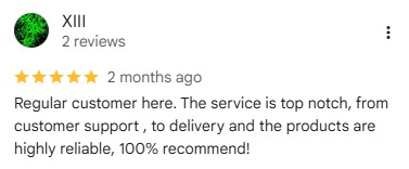 A 5-star Google review praising top-notch customer support, delivery, and reliable products.
