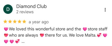 Five-star Google review for Diamond Club Malta praising the wonderful store and staff.