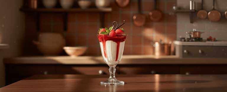 Panna Cotta im Glas mit Erdbeersoße und Minzblättern – moderne Servieridee mit natürlichem Licht.