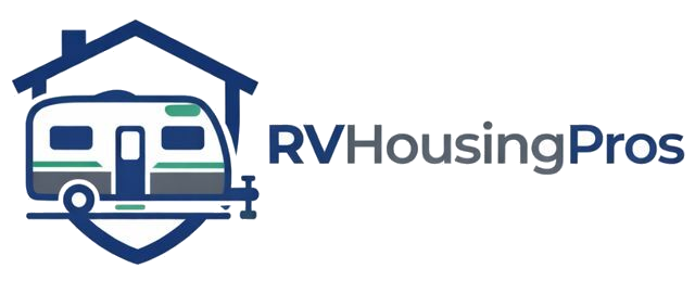Logo for RV Housing Pros featuring a white camper trailer icon inside a blue house outline.