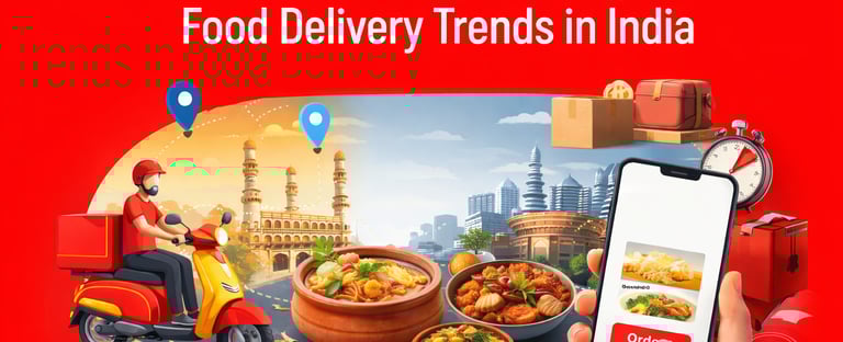 Illustration of intercity food delivery in India showing a rider on a scooter, city landmarks, packa