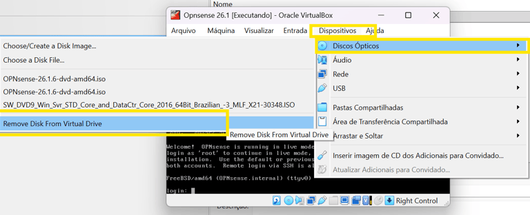 Removendo o disco virtual da ISO de instalação do OPNsense