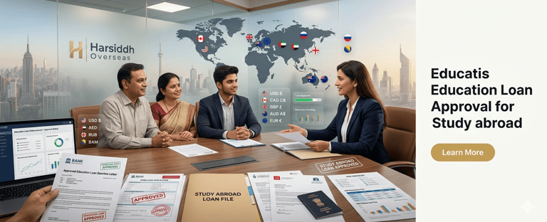A family discusses study abroad education loan approval with a consultant in a modern office.