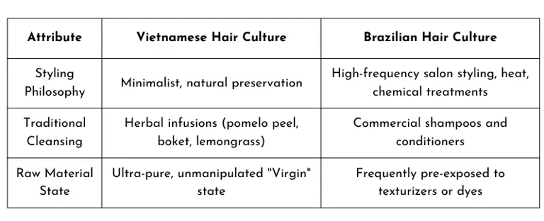 Comparison Chart of Cultural Beauty Practices and Hair Wellness Regimens Between Vietnamese Hair and Brazilian Hair