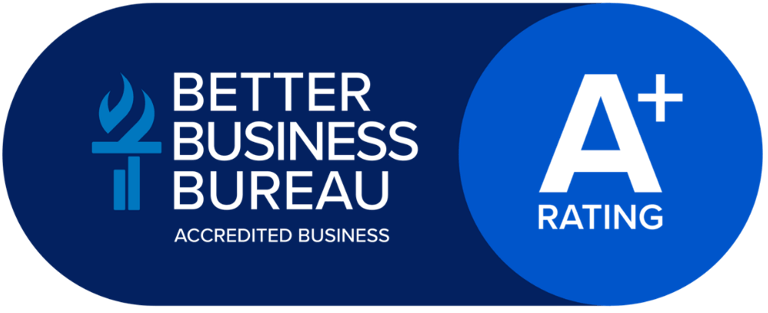 Better Business Bureau Accredited Business logo with an official A+ rating badge on a blue background.