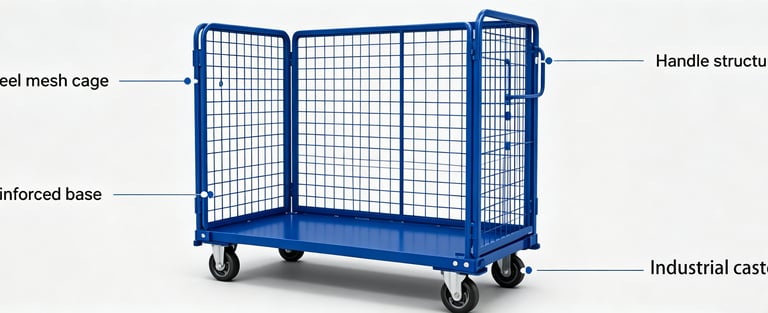 Blue industrial mesh cage trolley with reinforced base and heavy duty casters for warehouse logistics.
