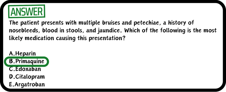 A USMLE practice multiple choice drug adverse drug reaction practice question correct answer reveal.