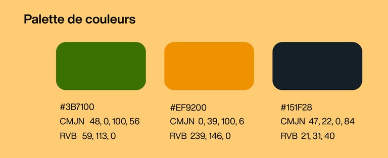 Palette de couleurs avec des codes hexadécatif, CMJN et RVB.