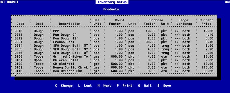 Inventory setup screen showing ingredient categories and stock levels in oneSystem