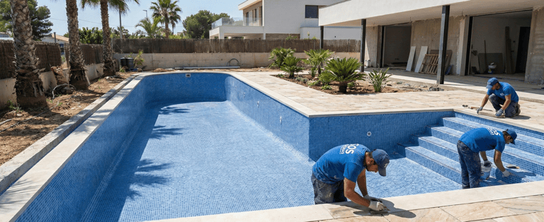 Reforma de piscina de alvenaria com instalação de iluminação LED e cascata em Jacarepaguá.