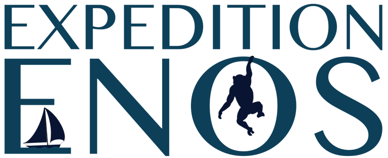 a blue and white logo with the words "Expedition Enos"