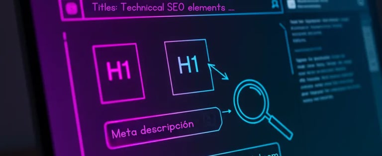 Pantalla de portátil con esquema de SEO técnico mostrando etiquetas H1, meta descripción, lupa y URL Egremy Digital en neón.