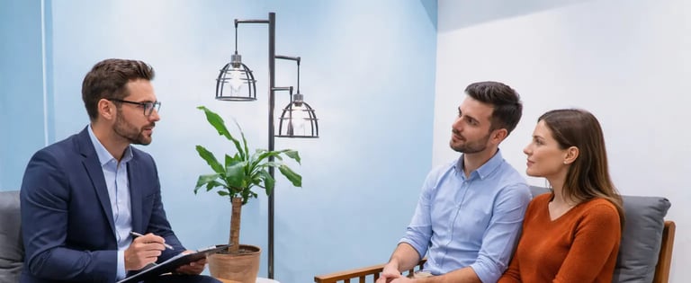 a man and woman sitting in chairs in a waiting room