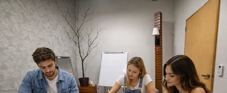 a man and woman sitting at a table with notebooks