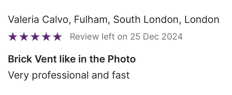 Five-star customer review for professional brick vent installation in Fulham, South London.