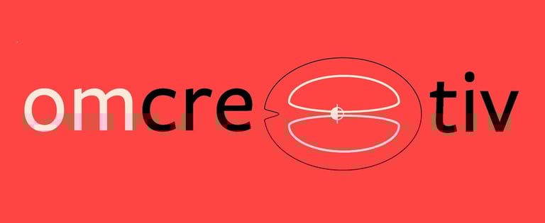 omcre8tiv logo - black and white text on a red background 