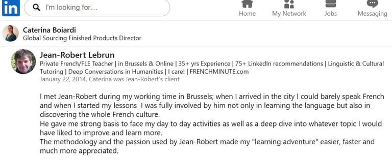 C. Boiardi's testimonial on LinkedIn | J.-R. Lebrun, French Teacher - BXL av. Couronne - bus line 95
